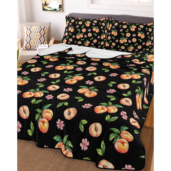 Peaches Queen Size Down Alternative Comforter, Lightweight Comforter Quilt Bedding Set with Pillow Shams Summer Fruit Flowers Spring Watercolor Black All Seasons Bed Comforter Duvet Insert 90"x96"