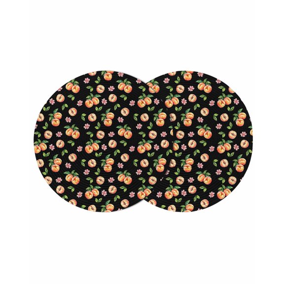 Peaches Round Placemats Set of 2 for Dinning Tables,Heat-proof Braided Table Mats 13 Inch,Summer Fruit Flowers Spring Watercolor Black Washable Place Mat for Kitchen Restaurant Party Table Decor