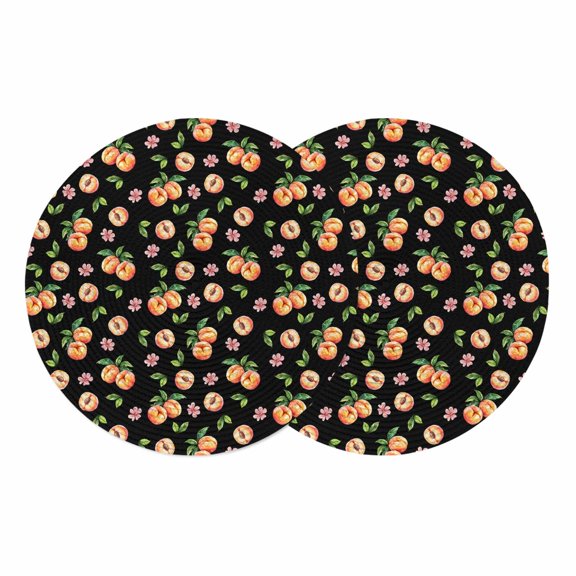 Peaches Round Placemats Set of 2 Summer Fruit Flowers Spring Watercolor Black Place Mats Indoor Woven Table Mats Washable Heat-Resistance Braided Dining Table Placemats for Kitchen Party 13 Inch