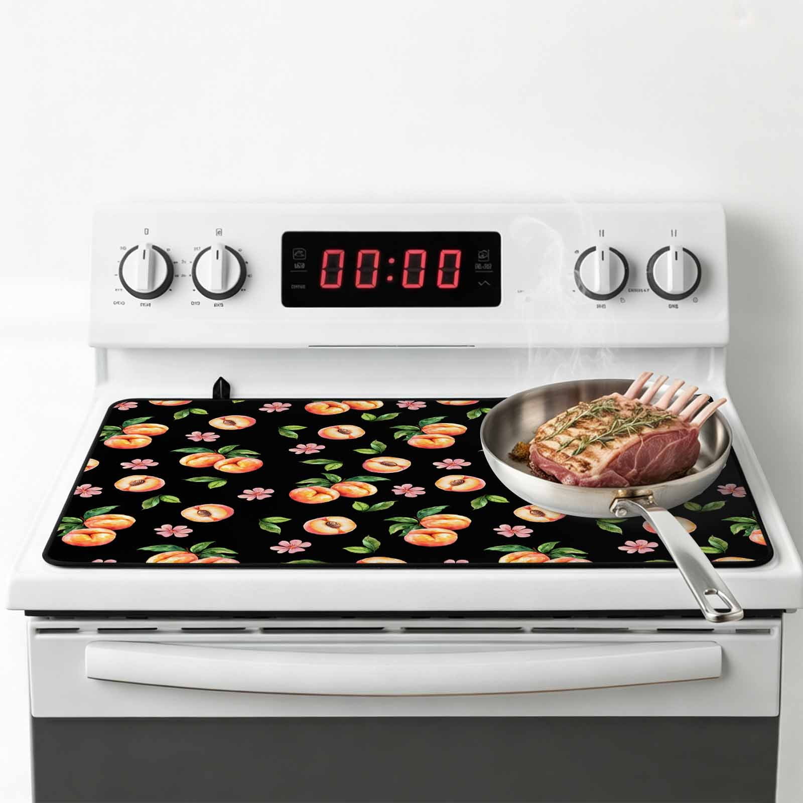 Peaches Stove Top Cover for Electric Stove, Heat-proof & Non Slip Glass Top Stove Cover Protector, Summer Fruit Flowers Spring Watercolor Black Kitchen Flat Cooktop Rubber Mat 24x21 Inches