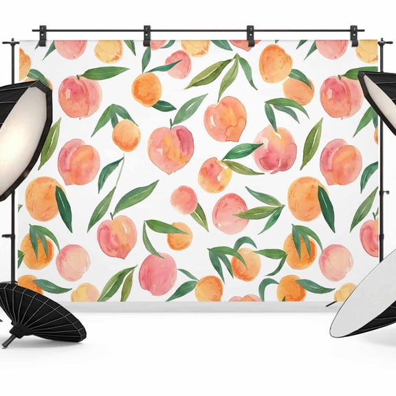 Peaches Watercolor Photography Backdrop 7x5FT, Pink Fruit Green Leaf Gradient Abstract Photo Backdrops, Background for Photography Studio Photo Studio Background, Back Drop for Photoshoot