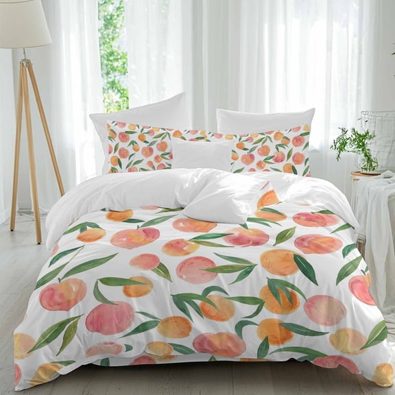 Peaches Watercolor Queen Size Comforter Set, Pink Fruit Green Leaf Gradient Abstract Bedding for All Seasons, 4 Pcs Bed Set, 1Quiltcover (90"x92") ,1Sheet(94"x116"), 2Pillowcases (30"x20")