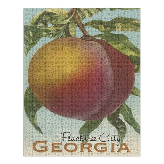 Peachtree City, Georgia, Georgia Peach, Vintage Lithograph (1000 Piece Puzzle, Size 19x27, Challenging Jigsaw Puzzle for Adults and Family, Made in USA)