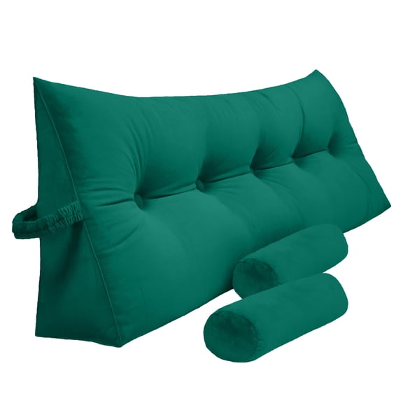 Peachwell Triangular Reading Bed Rest Pillow Large Bolster Cushion Headboard Backrest Wedge Pillow with Two Detachable Roll Pillows for Neck & Lumbar Support (Green, Queen: 59 x 8 x 20 inches)