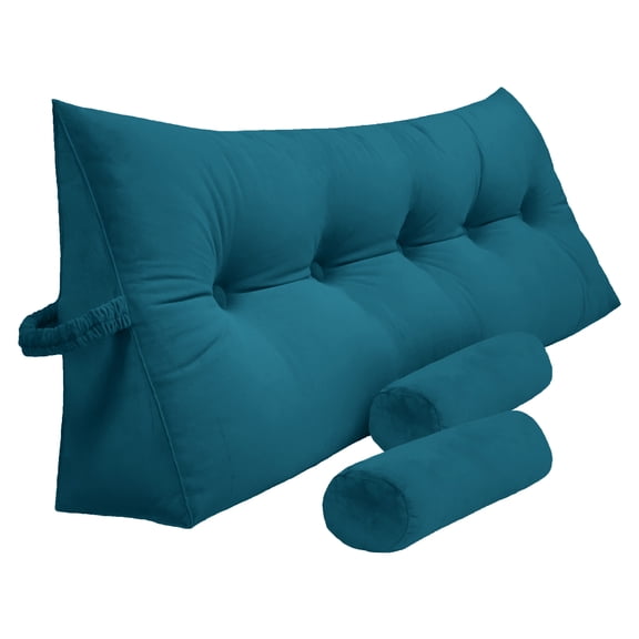 Peachwell Triangular Reading Bed Rest Pillow Large Bolster Cushion Headboard Backrest Wedge Pillow with Two Detachable Roll Pillows for Neck & Lumbar Support (Teal, King: 77 x 8 x20 inches)
