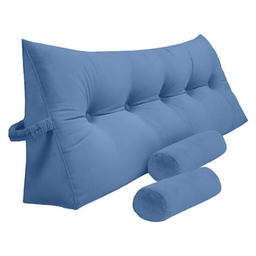 Peachwell Triangular Reading Bedrest Pillow Large Bolster Cushion Headboard Backrest Wedge Pillow with Two Detachable Roll Pillows for Neck & Lumbar Support (Blue, California King 71x8x20 inches)