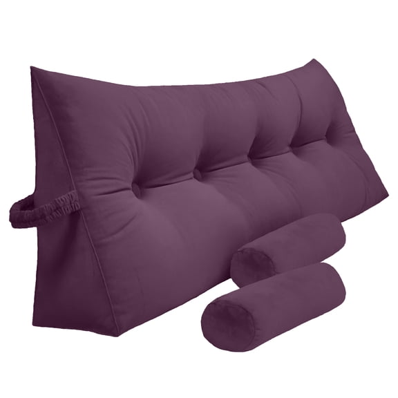 Peachwell Triangular Reading Bedrest Pillow Large Bolster Cushion Headboard Backrest Wedge Pillow with Two Detachable Roll Pillows for Neck & Lumbar Support (Purple, California King 71x8x20 inches)