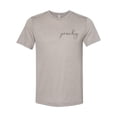 thumbnail image 1 of "Peachy Shirt, Peachy Cursive, Unisex, Sublimation T, Gift For Her, Peachy Tee, Soft Bella Canvas, Peach Lover, Peach T, Mom Shirt, Peachy, Heather Stone, LARGE", 1 of 1