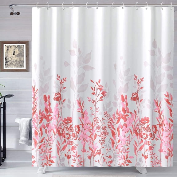 Peachy and Grey Shower Curtain, Watercolor Floral Bathroom Curtain Pink and White Cute Shower Curtains 72×72 inches