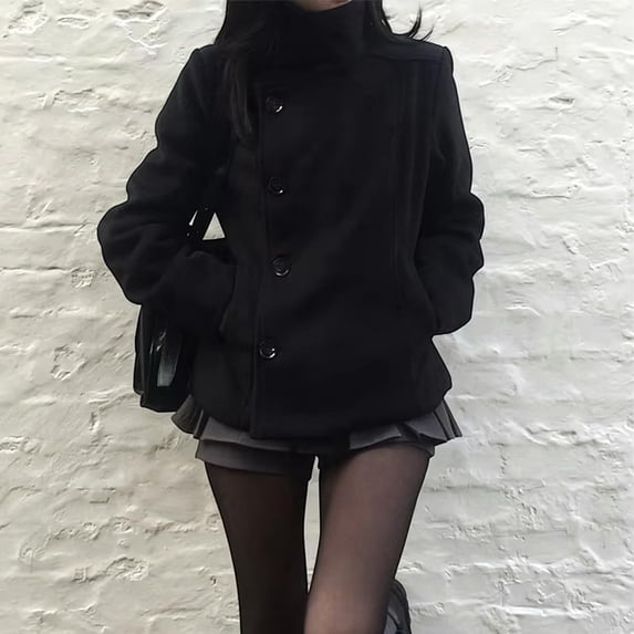 Peacoat Womens Coat Winter Coats Loose Casual Short Jacket Outwear Button down High Neck Short Pea Coats with Pockets Black L by Duoif