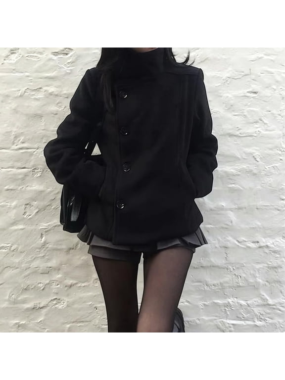 Peacoat Womens Coat Winter Coats Loose Casual Short Jacket Outwear Button down High Neck Short Pea Coats with Pockets White2 M by Duoif