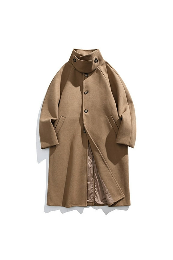 Peacoats for Men with Pockets Long Sleeve Button-Down Stand Collared Jackets Mens Trendy Solid Color Warm Wool Knee Length Work Outerwear Coats