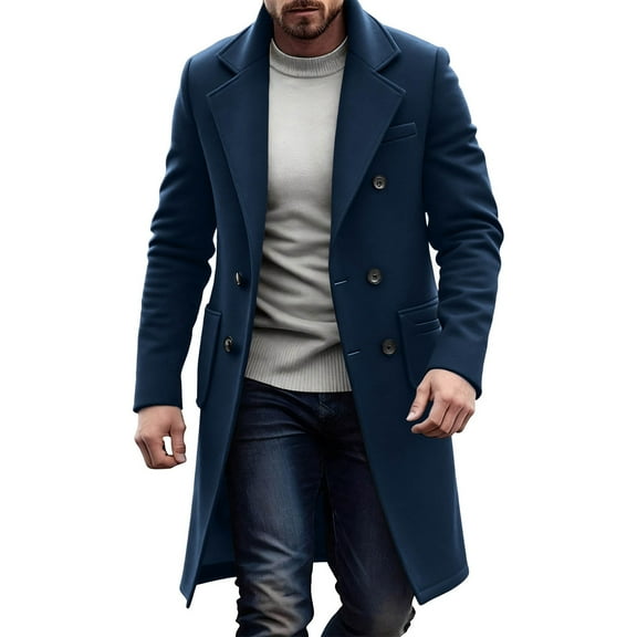 Peacoats for Men with Pockets and Collared Long Sleeve Double-Breasted Jackets Mid Length Trendy Solid Color Slim Business Work Trench Coat