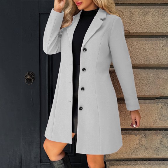 Peacoats for Women Long Trench Coat Thicken Lapel Collar Button Coat Business Casual A-Line Fall Winter Dress Overcoat Gray XL