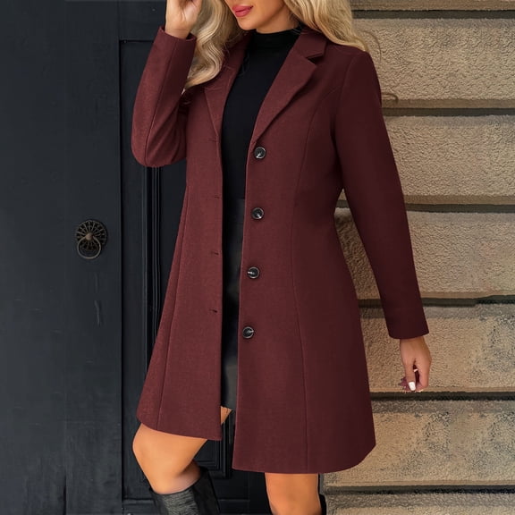 Peacoats for Women Long Trench Coat Thicken Lapel Collar Button Coat Business Casual A-Line Fall Winter Dress Overcoat Wine XL
