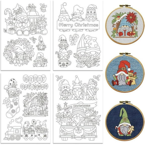 Peacoblue Water Soluble Embroidery Patterns for Beginners, Christmas Fairy Elves Gnome Socks 4 Sheets with 20pcs, Wash Away Embroidery Pattern Stabilizer for Hand Sewing Lover Women Adults