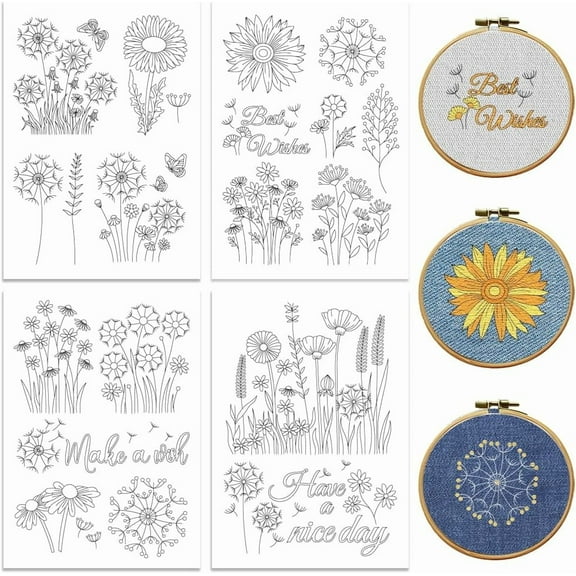 Peacoblue Water Soluble Embroidery Patterns for Beginners Dandelion Flower 4 Sheets with 20pcs Wash Away Embroidery Pattern Stabilizer for Hand Sewing Women Adults