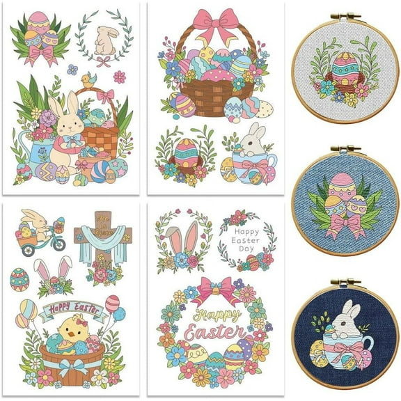 Peacoblue Water Soluble Embroidery Patterns with Color for Beginners Easter Elements 4 Sheets with 14pcs Wash Away Embroidery Pattern Stabilizer for Hand Sewing Women Adults