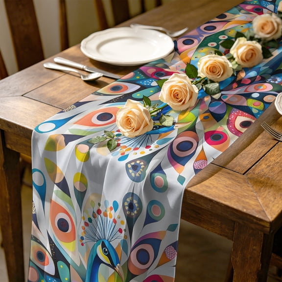 Peacock 10 ft Cheesecloth Table Runner for Wedding 27"x120", Animal Colorful Feather Modern Kitchen Dinner Sheer Tulle Chiffon Dresser Scarf, Holiday Party Decorations