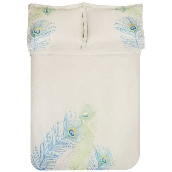 Peacock 100% Cotton Embroidered Duvet Cover and Pillow Sham Set Cream / Full/Queen