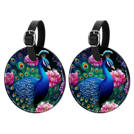 Peacock 2pcs PU Leather Round Bag Tags Suitcase Handbag Tags with Privacy Cover and Name ID Tag for Travel Luggage, Handbags, Backpacks, School Bags