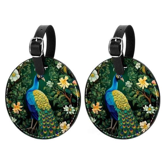 Peacock 2pcs PU Leather Round Bag Tags Suitcase Handbag Tags with Privacy Cover and Name ID Tag for Travel Luggage, Handbags, Backpacks, School Bags