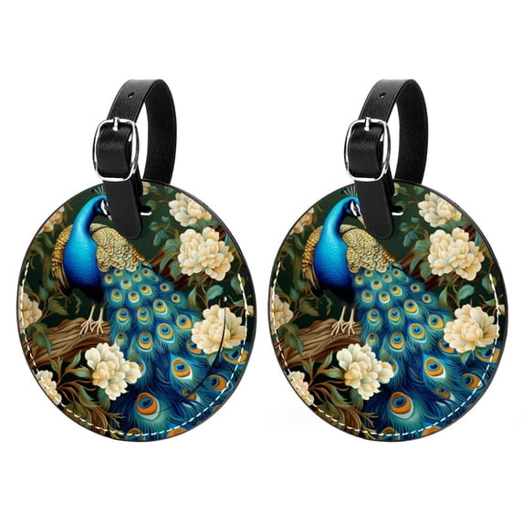 Peacock 2pcs PU Leather Round Bag Tags with Privacy Cover and Name ID Tag - Suitcase Tags for Travel Luggage, Handbags, Backpacks, School Bags