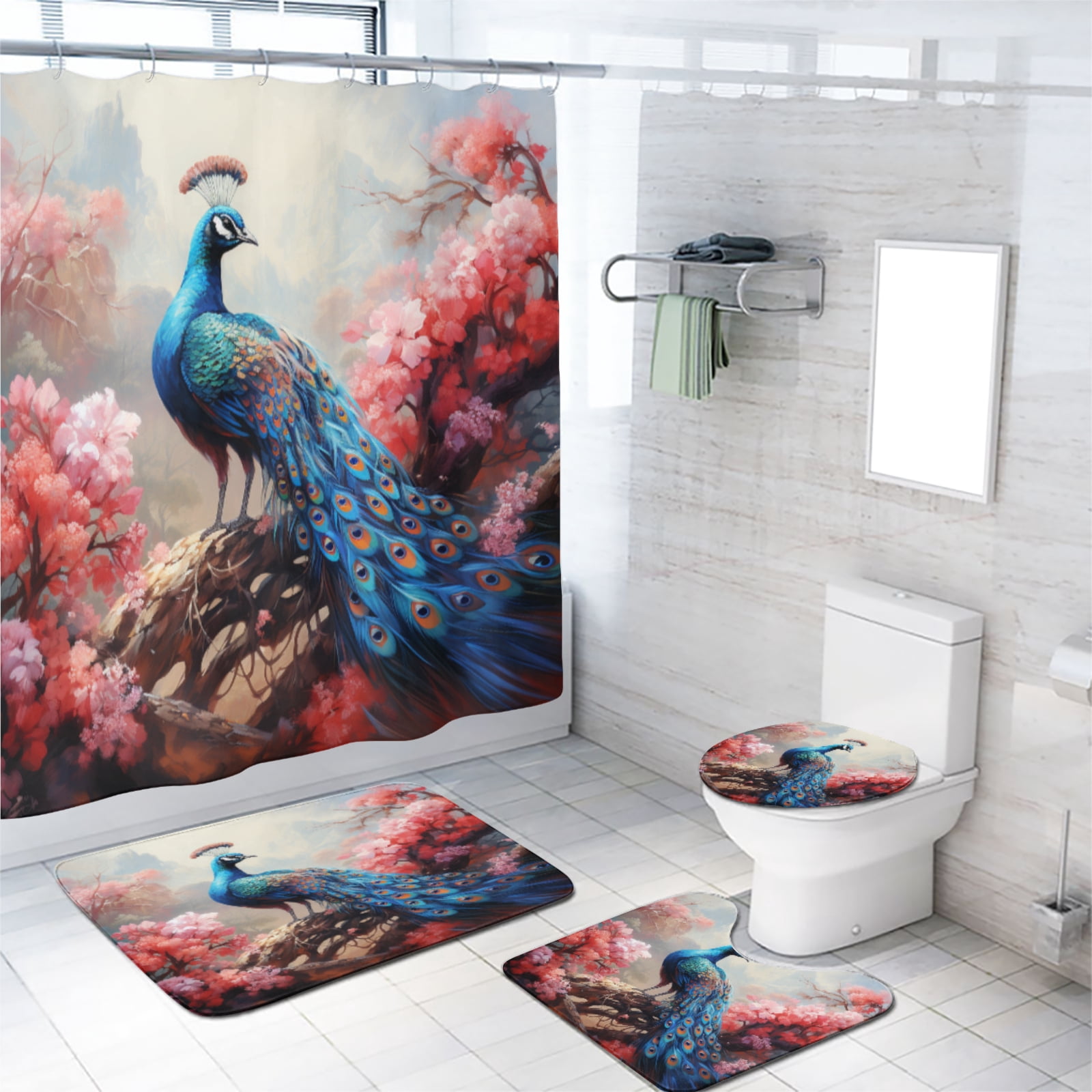 Peacock 4 Piece Shower Curtain Sets Blue Beautiful Bird Pink Flower Floral Plant Scenery Bath Curtain for Bathroom Waterproof Fabric Bathroom Decor Set, 72x72 Inch