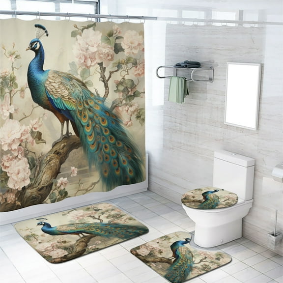Peacock 4 Pieces Shower Curtain Set with Non-Slip Rug Elegant Animal Flower Classic Retro Asian Art with Non-Slip Rugs Toilet Lid Cover and Bath Mat Bathroom Decor Set, 72x72 Inch