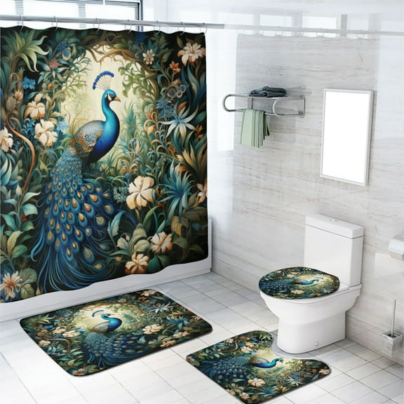 Peacock 4 Pieces Shower Curtain Set with Non-Slip Rug Teal Green Colorful Feather Blue Flower Plant Scenery with 12 Hooks, Bath Mat Set Bathroom Decor by Durable Waterproof Fabric, 72x72 Inch