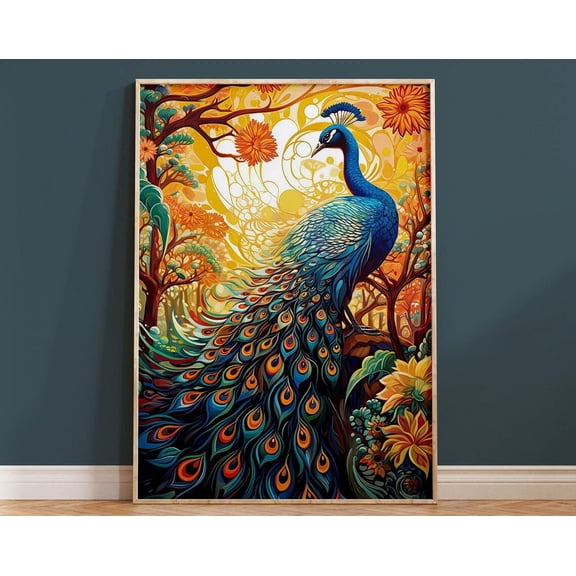 Peacock Abstract Colourful Art Print Nature Nouveau Vibrant Housewarming Gift Floral Home Decor Forest Bird Wall Hanging Beautiful Animal Wall Art, Modern Wall Decor, 8x12 UNFRAMED