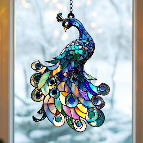 Peacock Acrylic Suncatcher Bird Vibrant Faux Stained Glass Window Hanging Colorful Bird Home Decor