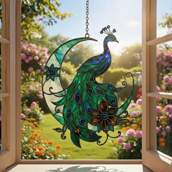 Peacock Acrylic Suncatcher Crescent Moon Elegant Bird Window Hanging Home Decor Gift for Mom Grandma Bird Lovers