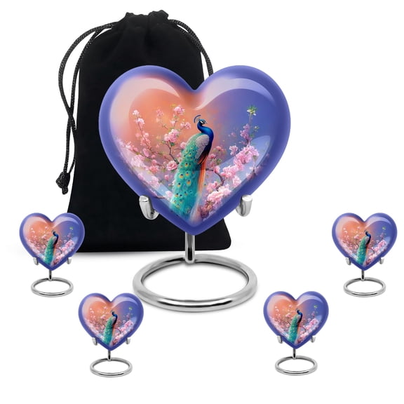 Peacock Adult Cremation Funeral Heart Urn for Human Ashes, Keepsake Memorial Gift, Beautiful Handcrafted Small Urns for Ash, Combo, Pink (10 Inch & 3 Inch Mini Set of 3)