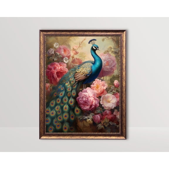 Peacock And Peonies, Vintage Victorian, Coquette Room Decor, Peony Wall Art, Antique Floral Bird , Baroque Aesthetic, Unframed Canvas Size 24x36