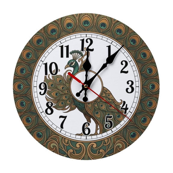 Peacock Art Nouveau Farmhouse Style Round Wood Wall Clock, Noiseless Design for Cafe & Classroom Decor