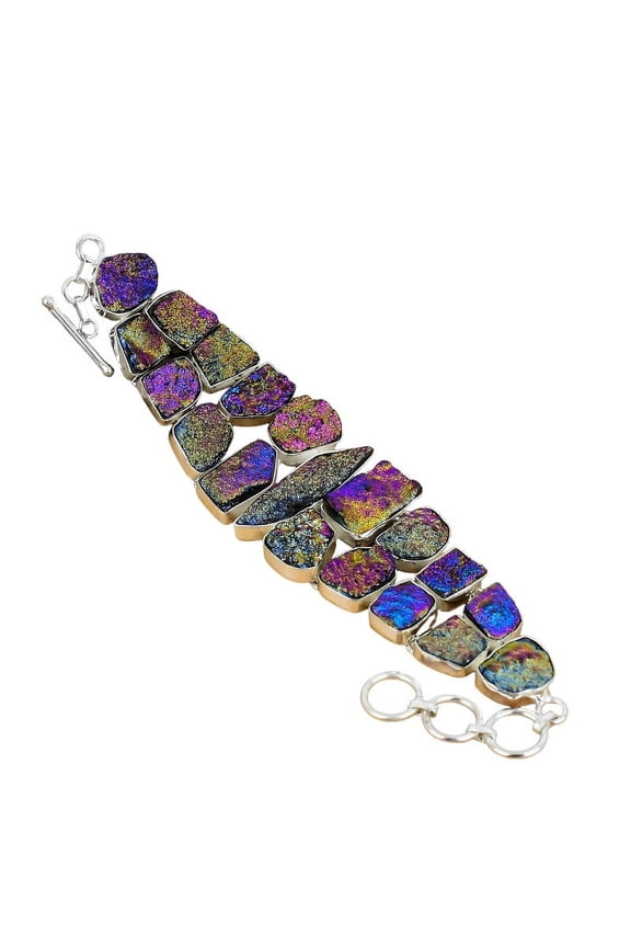 Peacock Aura Titanium Druzy Bracelet 925 Sterling Silver | Handmade Rainbow Sparkle Crystal Jewelry Gift