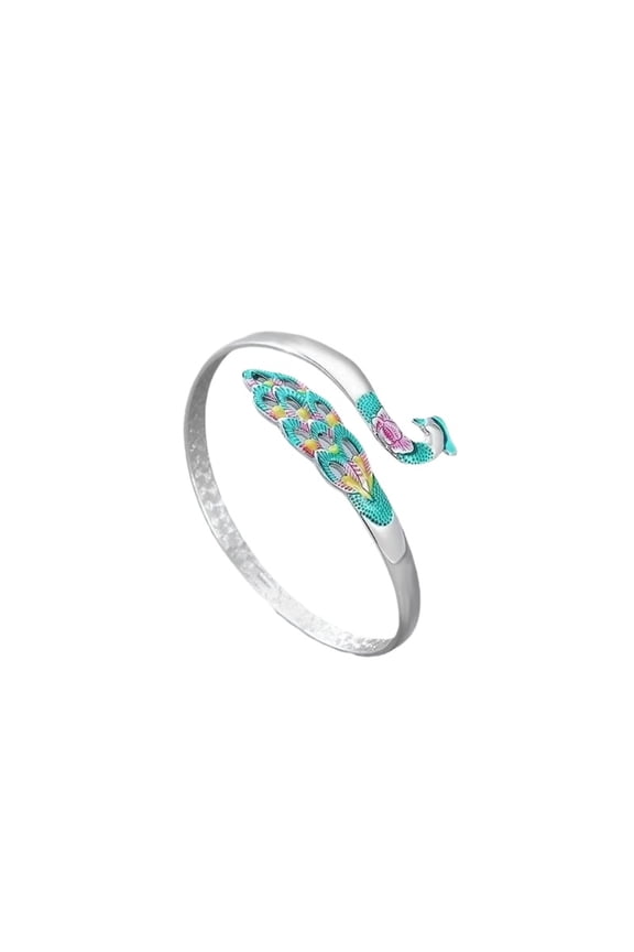 Peacock Bangle Bracelet, Silver Tone with Colorful Enamel, Open Cuff, Children's Color Enamel Peacock Opening Its Wings S999 feng shui