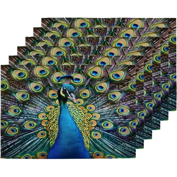 Peacock Beautiful Feathers Placemats Set of 6, Heat Resistant Washable Linen Table Mat Wipeable Indoor Outdoor Kitchen Holiday Party Tables Decoration Coffee Place Mats 12x18 Inch