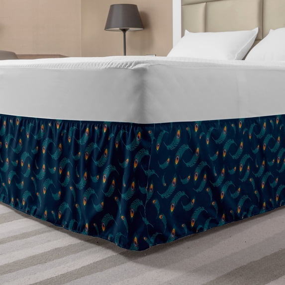 Peacock Bed Skirt, Bohemian Pattern with Digital Illustrated Floating Feathers, Elastic Bedskirt Dust Ruffle Wrap Around for Bedding Decor, 4 Sizes, Multicolor, by Ambesonne