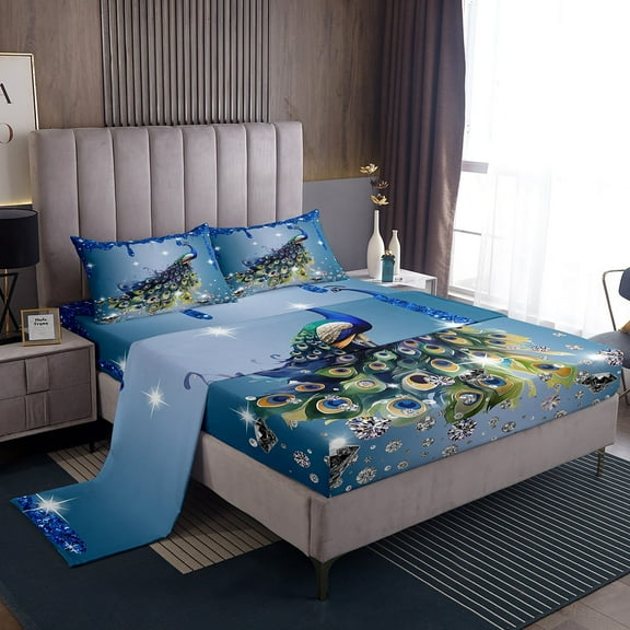 Peacock Bed Sheets Set Blue Sequin Fluid Art Sheets,Crystal Diamond Sheet Set Twin,Woodland Animals Bedding Set Rustic Feather Room Decor Aesthetic