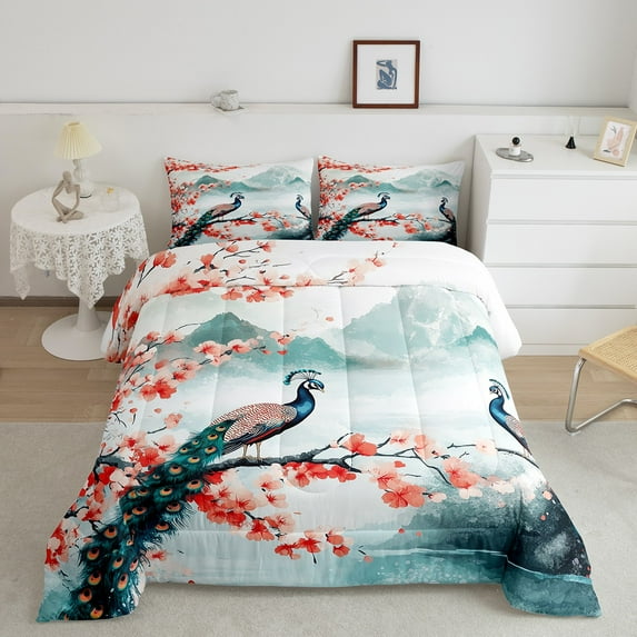 Peacock Bedding Comforter Sets,Japanese Comforter Set Cherry Blossom Bedding Set Teen Women,Watercolor Mount Fuji Sakura Animal Quilt Duvet Aesthetics Room Decor 2 Pcs
