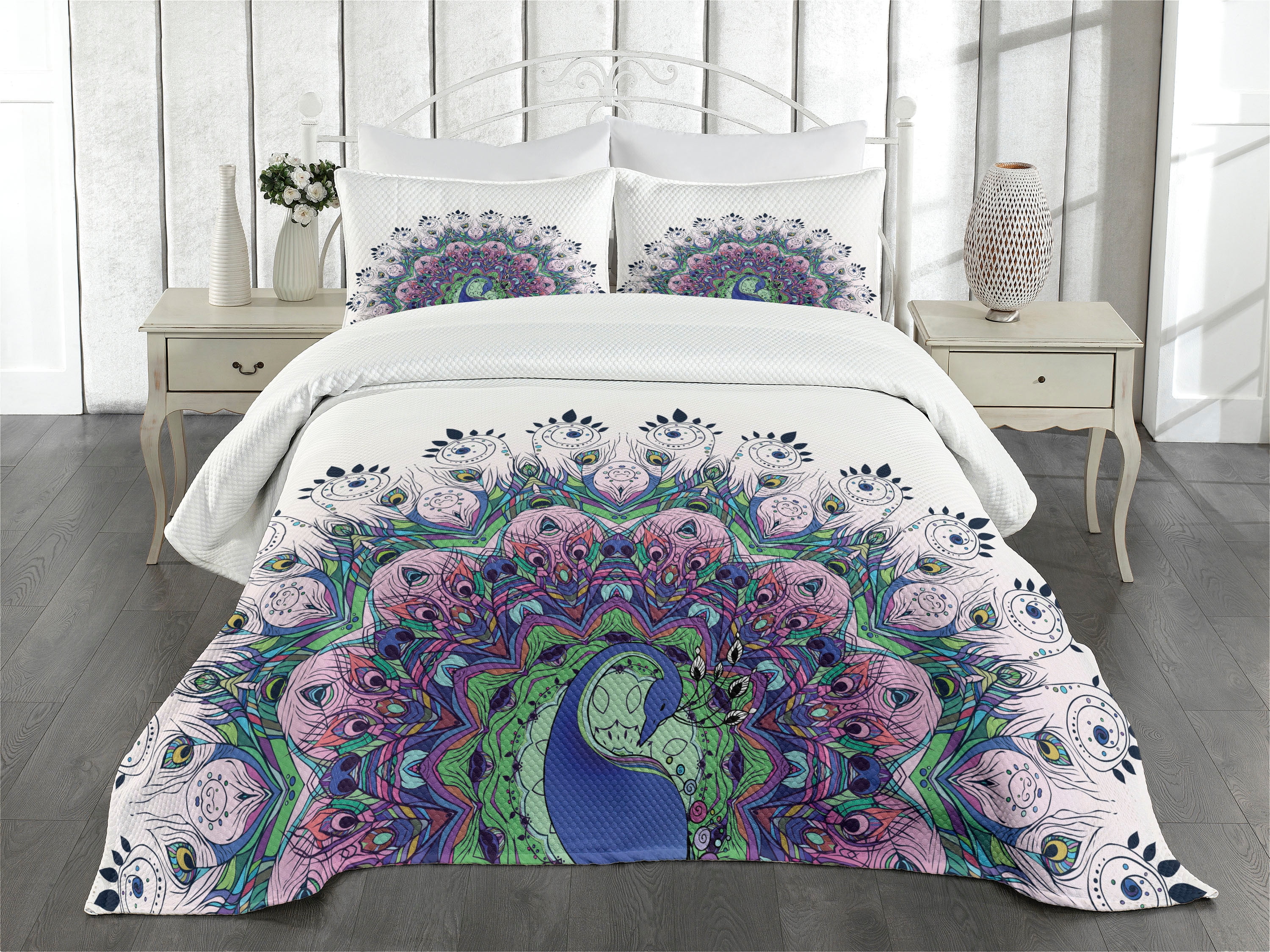 Peacock Bedspread Set Queen Size, Peacock Illustration Exotic Wildlife