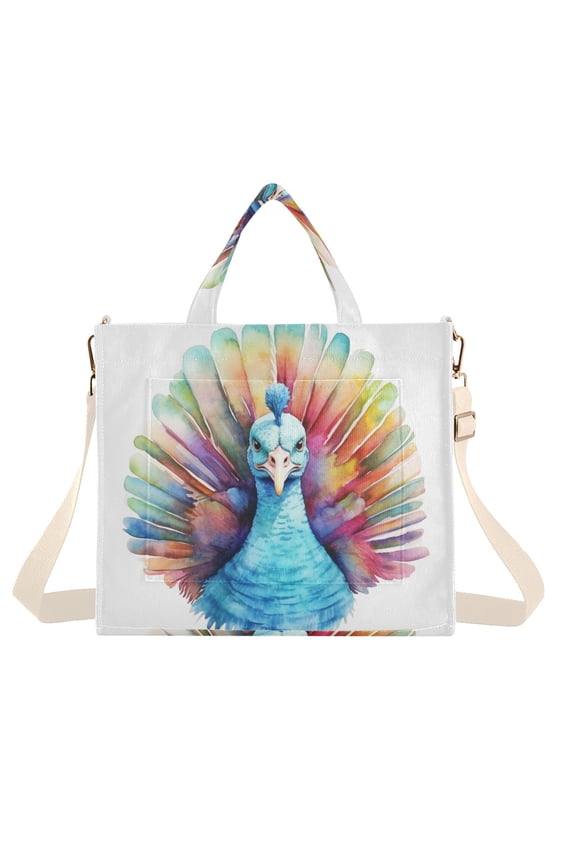 Peacock Bird Corduroy Tote Bag Handbag Large Messenger Bag Shoulder Crossbody Zipper Bag Purse