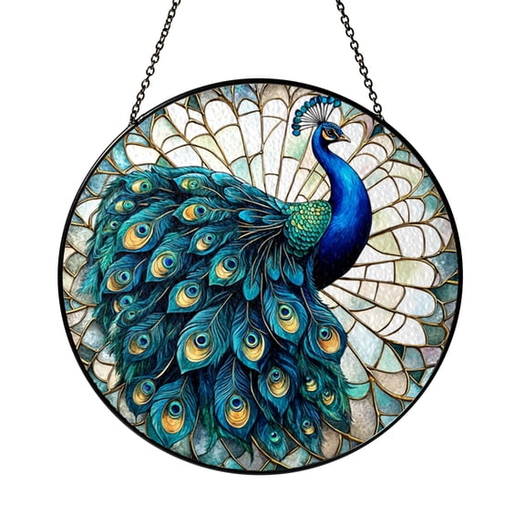 Peacock Bird Feather Glass Suncatcher Window Decor, Stained Glass Style Hanging Art