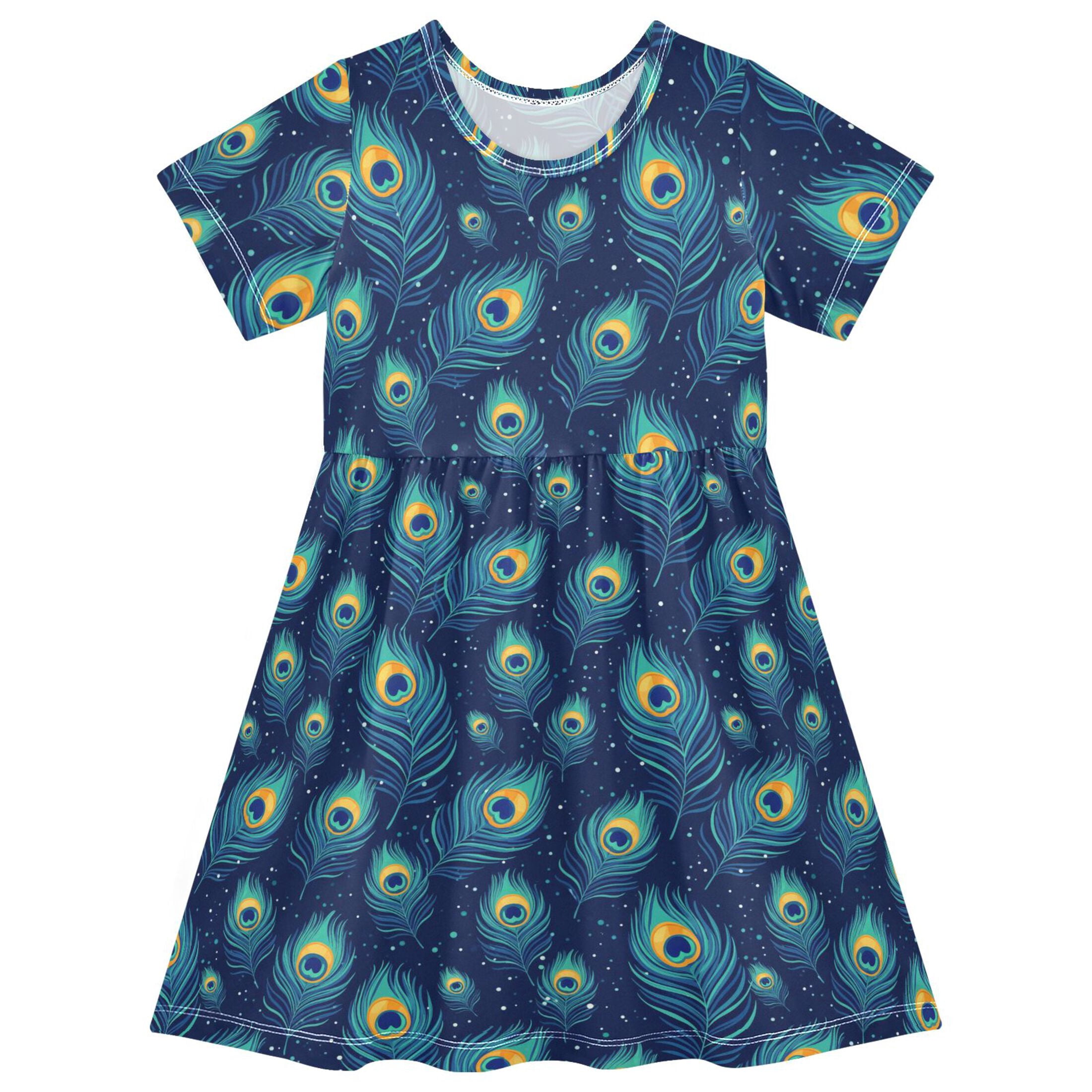 Peacock Bird Feather Pattern Short Sleeve Dress A-Line Cute Midi Casual ...