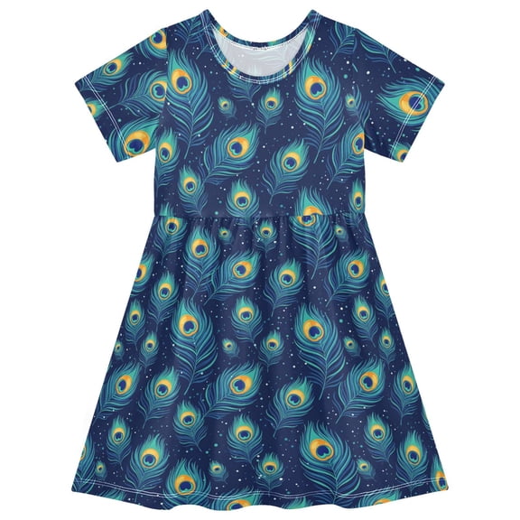 Peacock Bird Feather Pattern Short Sleeve Dress A-Line Cute Midi Casual Sundress 2-8 Years