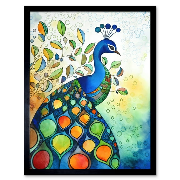 Peacock Bird Folk Art Watercolour Painting Art Print Framed Poster Wall Decor 12x16 inch