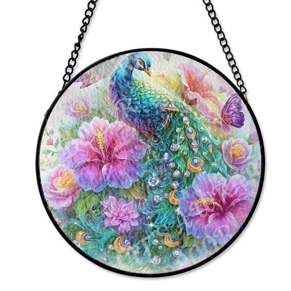 Peacock Bird Majestic Stained Glass Suncatcher, UV Printed Glass Decor, Colorful Animal Decor, Round