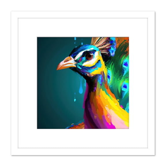 Peacock Bird Vibrant Bright Modern Contemporary Watercolour Painting Multicoloured Square Wooden Framed Wall Art Print Picture 8X8 Inch